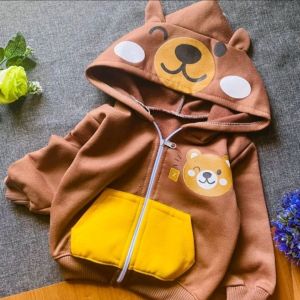 Jaket bayi laki laki perempuan 3-12bulan model Hoodie saku depan motif berz bahan fleece