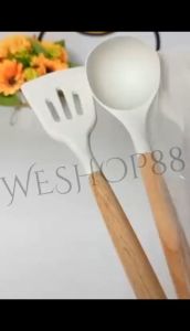 WESHOP88 3PCS White Silicone Kitchenware Cooking Utensils Set Wooden Handle Non-Stick Spatula