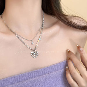 Colorful Heart Zircon Titanium Steel Necklace Womens High-End Cool Spicy Girl Clavicle Chain Layering T-Shirt Accessory