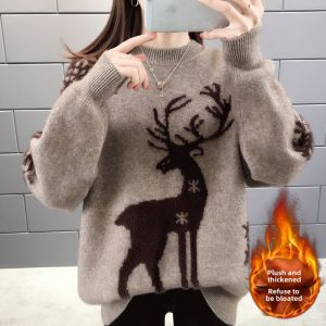 Christmas Themed Womens Fleece Lined Loose Thickened Sweater Autumn Winter Fashionable Lazy Style Inner Or Outer Wear
