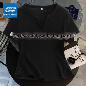 Jeanswest | Elegant Yellow V-Neck Regular Shoulder Short Sleeve T-Shirt
