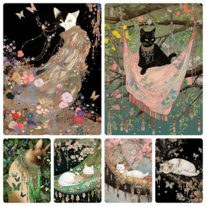 Jigsaw Puzzle 1000PCS Mysterious Black Cat Sitting Among Flowers With Flying Butterfly For Adults Stress Relief Relaxing Gift