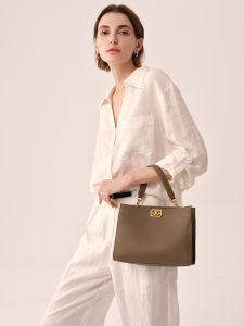 Elle Womens Handbag Top Layer Cowhide Large Capacity Commuter Crossbody Bag Classic Versatile Bag Hard Handle Lock Buckle