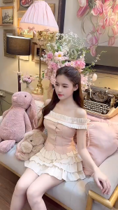 Set Áo Bẹt Vai Phối Bèo Buộc Dây Nơ Mix Chân Váy Xoè Tầng Tiểu Thư Siêu Xinh MS141