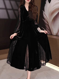 2024 Fall and Winter New Arrival Velvet Patchwork Mesh Temperament Long Dress Stylish High-End plus Size Fashion Base Dress