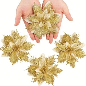 10Pcs Glitter Artificial Flowers 14CM Fake Flower Christmas Decoration Christmas Tree Garland Ornament Xmas DIY Gift Accessories