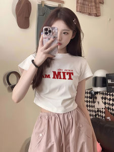White Cotton Short Sleeve T-Shirt Womens Summer Slim Fit Base Shirt Inner Wear Top Korean Style Printed round Neck Short Length