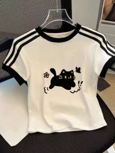 Girls Short Sleeve Three Bars T-Shirt Pure Cotton Slim Fit round Neck Summer Versatile Cat Print Korean Style Childrens Clothing