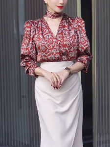 SHUAIYUE | Áo Sơ Mi Dài Tay Satin In Hoa Văn Cổ Điển Elegance