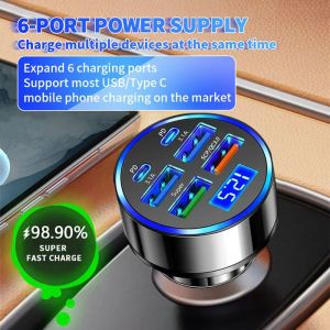 100W 6 Ports Car Charger Fast Charging PD QC3.0 USB C Car Phone Charger Type C Adapter in Car For iPhone Samsung Huawei Xiaomi