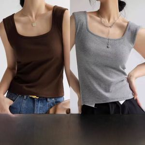 MiiOW | Gray Wide Shoulder Strap Womens Tank Top Slim Fit Thin Style Sleeveless Square Collar Versatile Base Layer Outerwear For Summer
