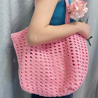 Large Capacity Hand Knitted Butterfly Knot Grid Bag DIY Material Pack Wool Yarn Crochet Hook Soft Cotton Shoulder Bag for Women
