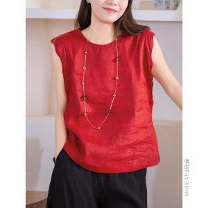 XIAOER | Áo Gile Vintage Đỏ Mảnh Pha Sợi Ramie Cổ Bẻ Dập Nếp