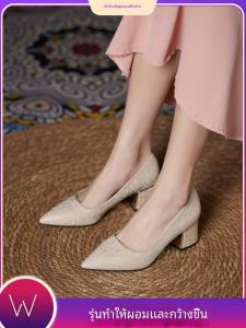 เท้ากว้าง ผู้หญิง รองเท้าขนาดใหญ่ 41-43 ส้นหนารองเท้าส้นสูงชี้นิ้วเท้ารองเท้าเดี่ยวเดินทาง สีดำ รองเท้าทํางานรองเท้าแม่