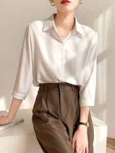 Professional Womens Shirt Spring Autumn Elegant Seven-Half Sleeve Interview Set White Collar-Polo Shirt Summer Middle Sleeve