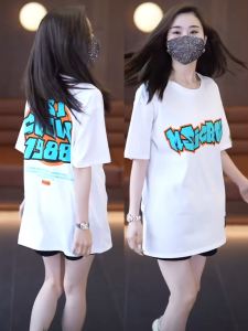 Pure Cotton Short Sleeve T-Shirt Womens Loose Fit Summer Fashionable Cartoon Letter Print Midi Top Half Sleeve Trendy Shirt