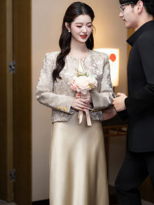 Champagne Colored Chinese Style Wedding Dress Set Bridal Shower Strap Dress Sweet Style mid Waist Zipper Long Sleeve Midi Dress