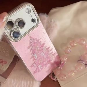 Pink Christmas Tree Glitter With Chain Phone Case For iPhone 17 Air 16 15 14 13 12 11 Pro Max XS XR X Plus Shockproof Hard Cover