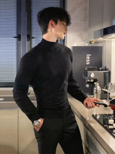 เสื้อยืดคอปกสูงครึ่งตัวทรงสลิมฟอกสีดำ แขนยาว ผ้าขนแกะ ทรงหลวม สำหรับผู้ชาย ฤดูหนาว 2024 แฟชั่นเสื้อผ้าทำงาน