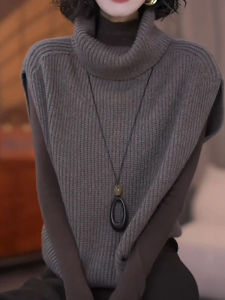 New Spring Fashion Style Loose Solid High Collar Sleeveless Knitted Vest
