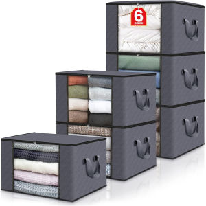 6 Pack Foldable Storage Bins With  Lids Clear Window Reinforced  Handles For  Clothes  Blankets Bedding Closet Organization Gray