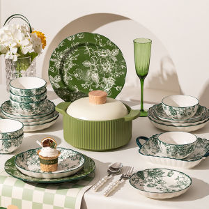 ZHIZHOU | Green Rose Ceramic Dinnerware Set Glazed Underneath Decoration