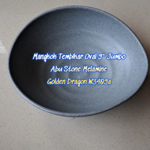 Mangkok Tembikar Oval 9" Jumbo Abu Stone Melamine Golden Dragon - W3409A
