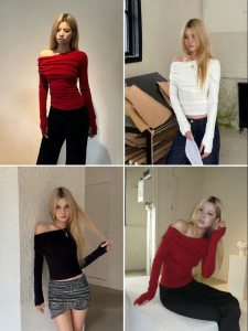 audwyn | Slanted Shoulder Long Sleeve Pleated Fitted Top