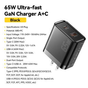 Essager 65W Gan Sạc USB-A + type-C Bộ Sạc gắn tường 65W thiết bị sạc nhanh Thông Minh Với Khả năng Tương Thích An Toàn Cho Macbook Tablet iPhone 15 14-8 Huawei Xiaomi Samsung nhiều thiết bị