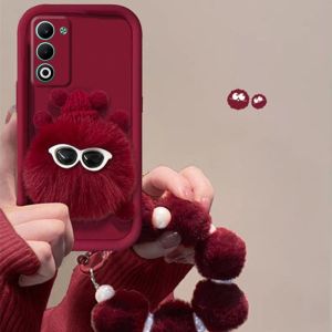 เคสโทรศัพท์ OPPO A5X A5 5G 4G เคสทรงถ่านหินตุ๊กตาสีแดงมีสไตล์พร้อมสายรัดข้อมือผ้ากำมะหยี่มุกป้องกันเลนส์ฝาหลังนุ่ม OPPOA5 2025 OPPOA5X