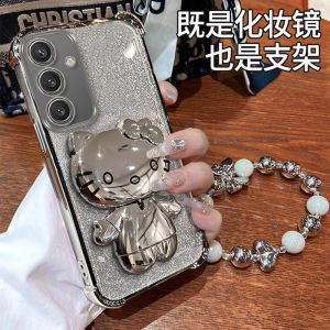 Luxury Glitter KT Cat Mirror Stand Samsung S25 Phone Case with Built-In Lens Film Suitable for S24Ultra Womens High-End S23+ with Lanyard Full Cover Anti-Fall S22/S21FE Silicone Fashion