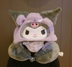 Cute Plush U-Shaped Pillow Neck Support Travel Portable Airplane Pillow with Hat for Women Car Travel Breathable Design Cotton Filled