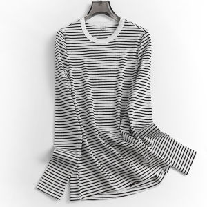 Áo Thun Dệt Kim Cổ Tròn Dài Tay Ôm Vừa Vặn Kẻ Sọc Mùa Xuân Mới Đa Năng Đi Làm Cho Nữ Áo Thun Thường Ngày N476