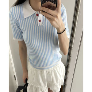 YUEZHONGWEI | Blue Polo Neck Short Sleeve T-Shirt Womens Summer Slim Fit Unique Beautiful Striped Top Commute Style Creative Pattern