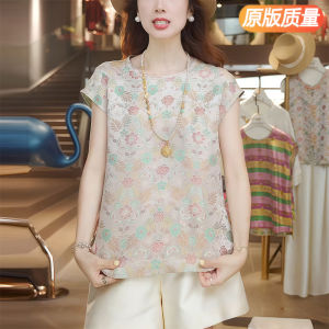 New Chinese Style Silk Shirt Short Sleeve Floral Print Womens Summer Top Elegant National Style Loose Fit round Neck Shirt
