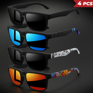 4PCS Classic Square Colorful Sports Sunglasses - Patterned Temples Comfort Fit for Cycling Fishing Beach & Casual