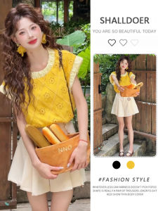 Shalldoer | Summer Anti-Aging Casual Sleeveless Womens Two-Piece Set Hollow Out Design A-Line Shorts High-End Fashion Round Neck Top