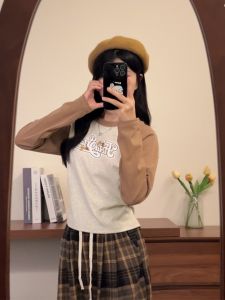 Smub น่ารัก ลายพิมพ์ตัวอักษร เสื้อยืดแขนยาว ผู้หญิง Early ฤดูใบไม้ร่วง หวาน เสื้อฐานคอกลมผีเสื้อ 3d เสื้อท่อนบน ผ้าฝ้าย สลิมฟิต