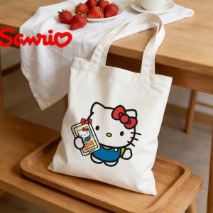 Sanrio | 1PC Sanrio Hello Kitty Canvas Tote Bag Double-sided Phone Print Eco-friendly Reusable Shoulder Bag