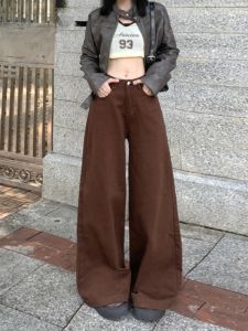 American Style High Waist Wide Leg Straight Cut Denim Jeans Womens Autumn Loose Drapey Casual Floor Length Trousers