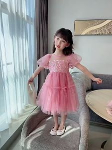 ชุดเดรส กระโปรงเด็กผู้หญิง เดรสเจ้าหญิง สีชมพู ผ้าตาข่าย พร้อมส่งจากไทย