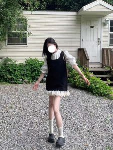 Korean Style Loose Feeling Denim Casual Fried Street Autumn Wear a Set of Black Straps Dress Shirt Two-piece Set Womens