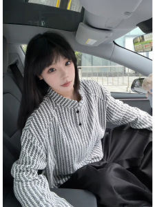 เสื้อสเวตเตอร์คอกลมแขนยาวลายกระดูกปลาทรงหลวมสไตล์อเมริกันสำหรับผู้ชาย เสื้อเชิ้ตแขนยาวลำลองฤดูใบไม้ผลิและฤดูใบไม้ร่วง