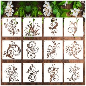 12PCS 5.9inch Floral Pattern Reusable Painting Stencils for Wall Wood Canvas Fabric DIY Craft Decoration