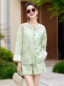 New Chinese Style Womens Short Pants Set Summer 2024 Sun Protection Clothing Two-Piece Suit with Button Design Fashionable