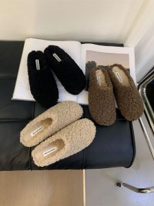 Fashionable Lamb Fur Slippers Womens Outdoor Wear Autumn Winter Cotton Slip-On Shoes Korean Style Flat Bottom Rubber Sole