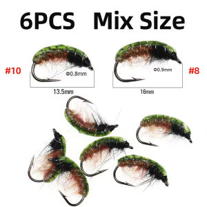 6PCS  Green Back Nymphs Scud Bug Worm Flies with Barbed Hook Trout Fishing Fly Lure Bait