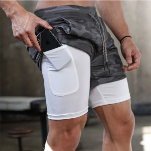 Camouflage running shorts mens gym sports shorts 2-in-1 quick dry exercise training outdoor sports fitness jogging shorts