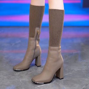 Metal Trimmed Square Toe High Heel Booties Knee High Zipper Side Closure Chunky Heel Waterproof Platform Martin Boots for Women