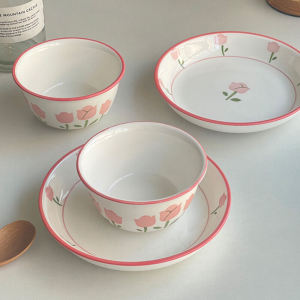Korean Style Pink Tulip Ceramic Dessert Plate  Ins Home Use Girls Tableware High Aesthetic Versatile Sweet Dish Plate